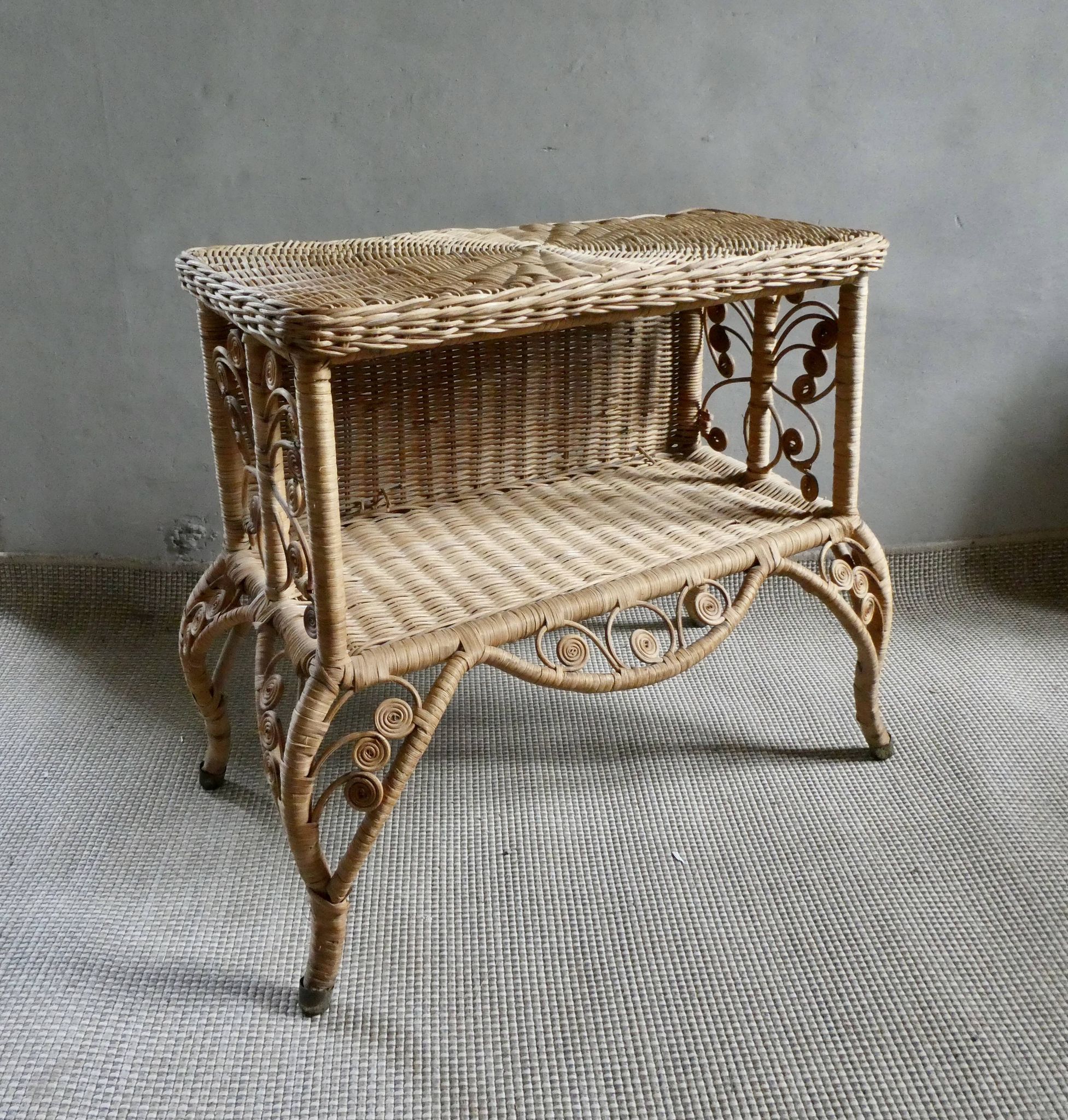 Wood and rattan bedside table, butterflies