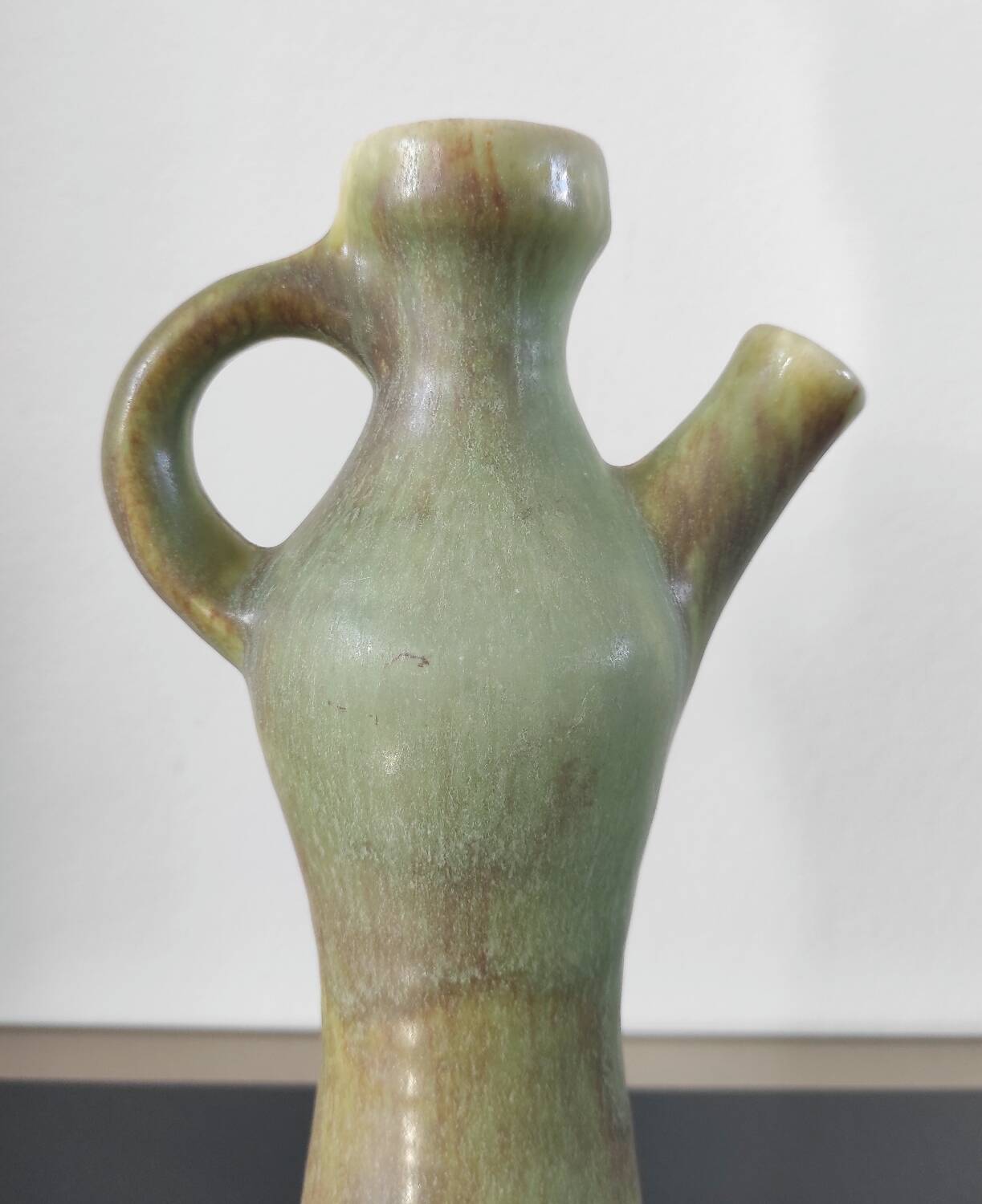 Pichet / Soliflore vintage en céramique flammée – Vert olive & Brun (A