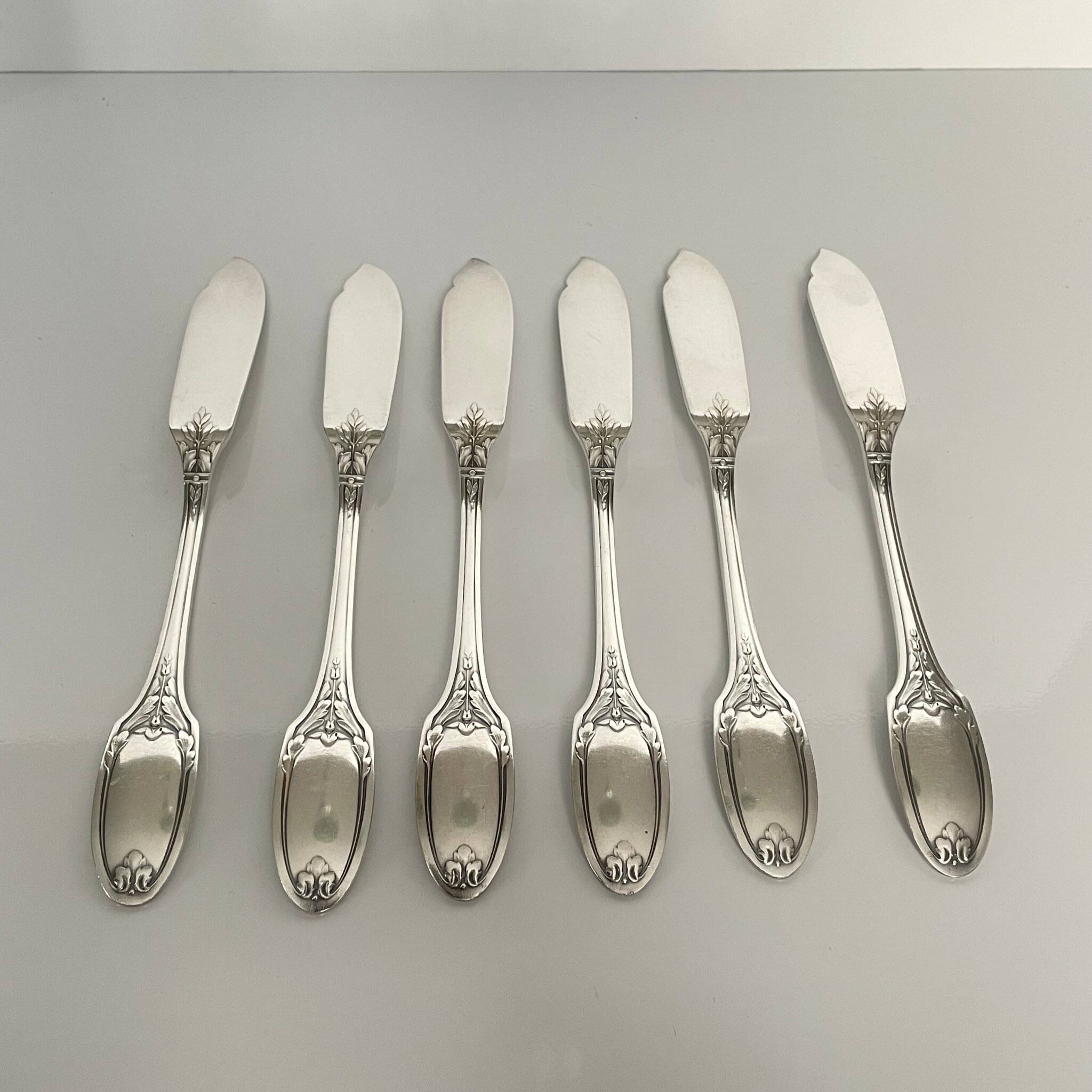 6 Marie-Antoinette Fish Knives - Christofle, Silver-Plated Metal