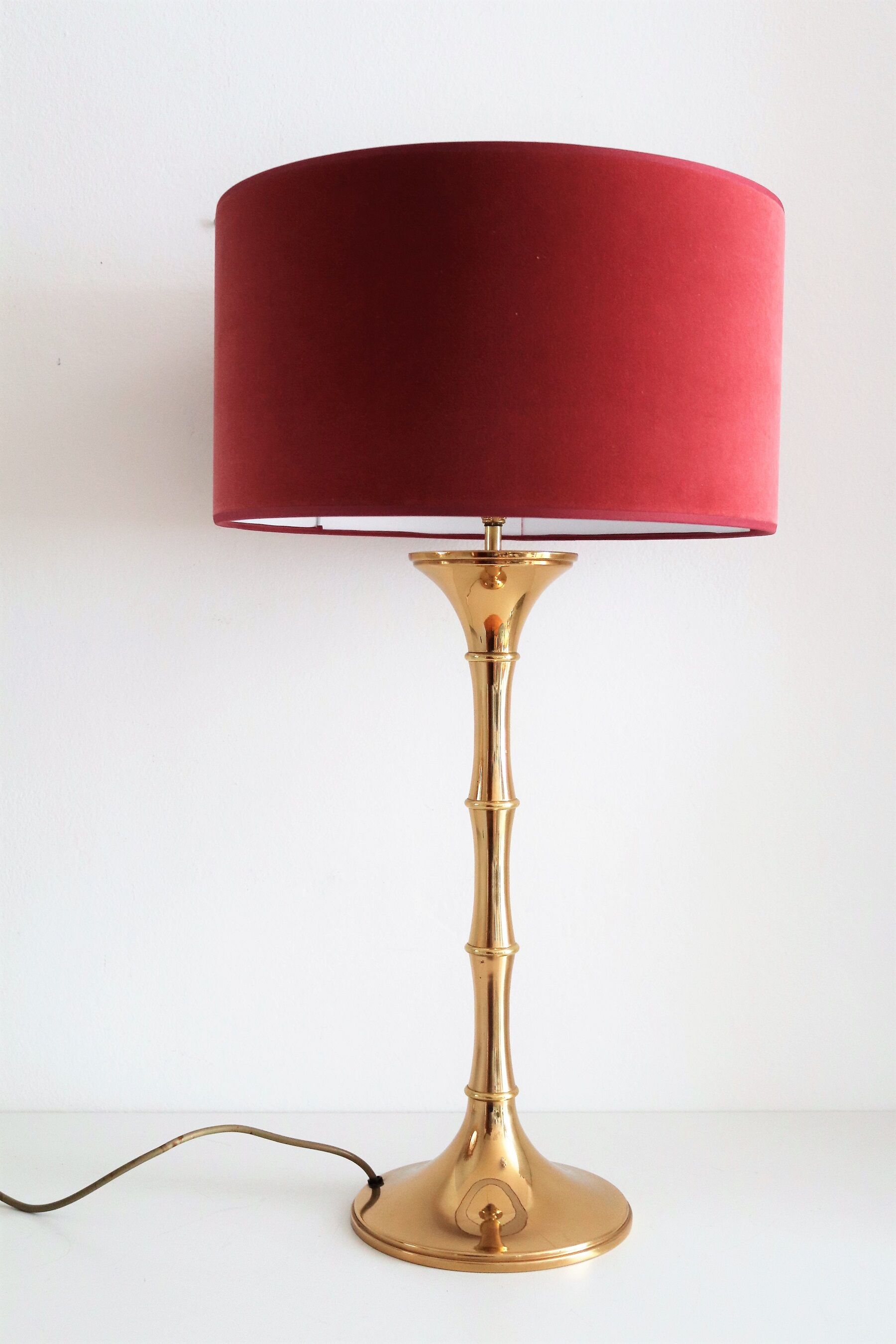 Brass bamboo table lamp by Ingo Maurer with velvet lampshade, 1960