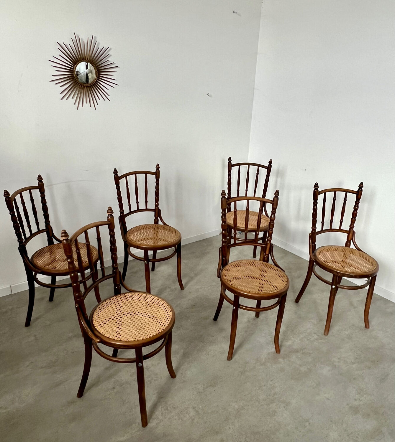 Lot 6 old vintage wooden bistro chairs brand Fischel early 20th century