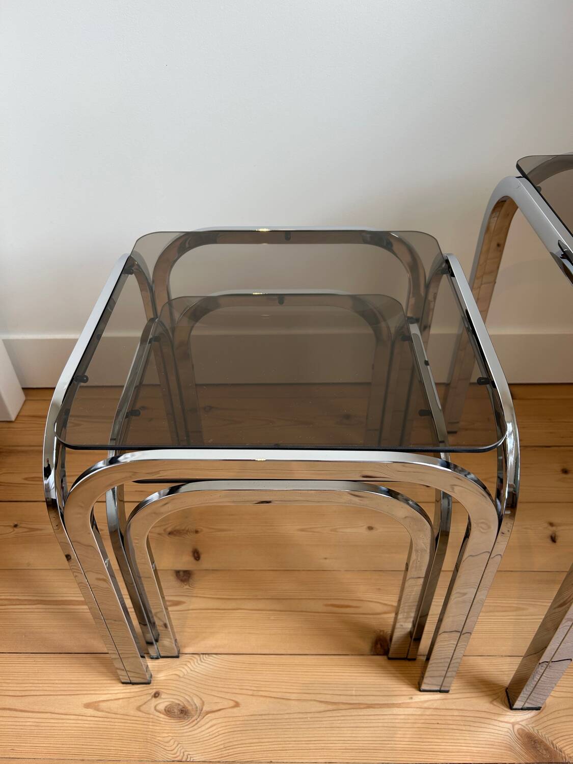 Set of 3 Roche Bobois nesting tables in smoked glass