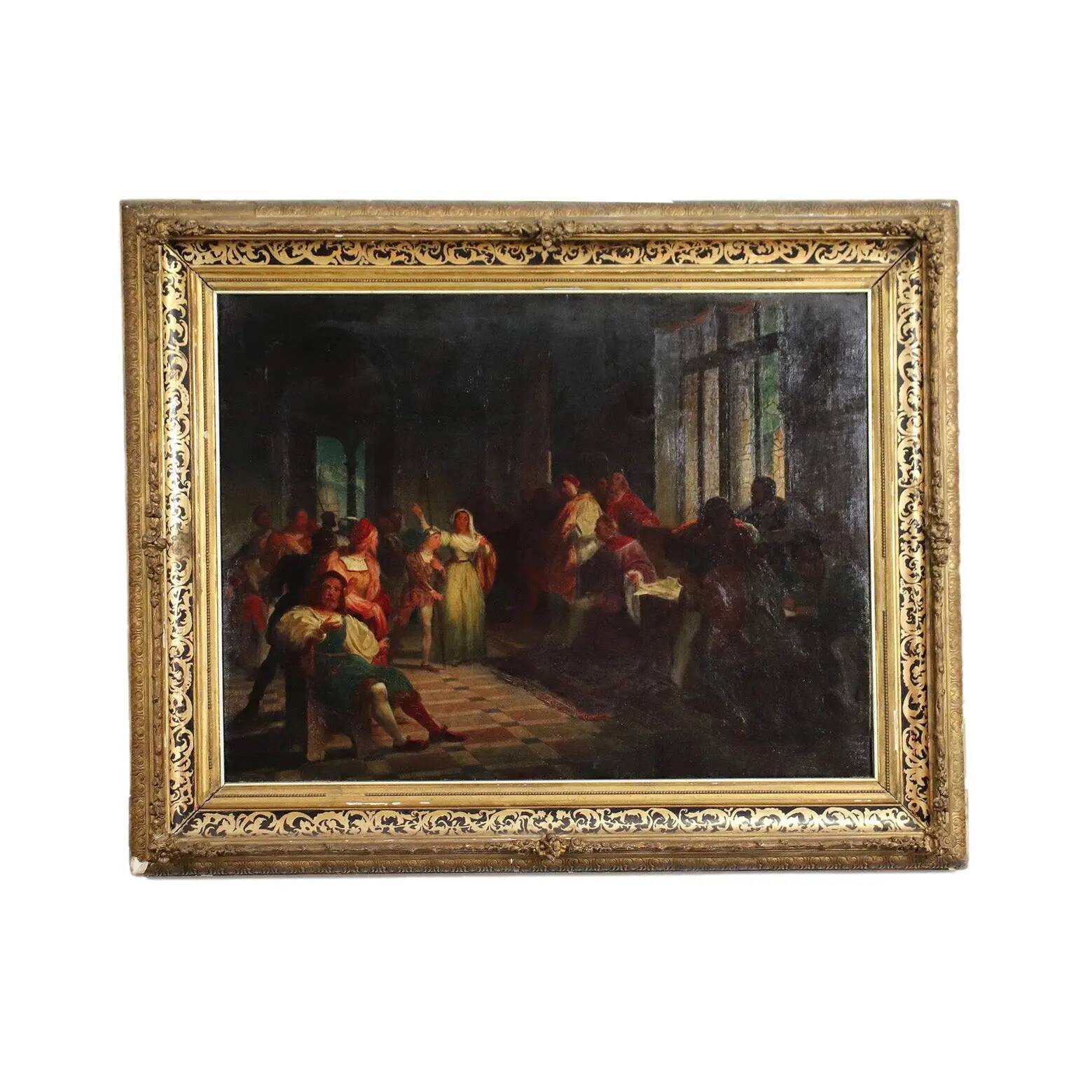Ancient painting on a historical subject, oil on canvas, Italy 19th century.