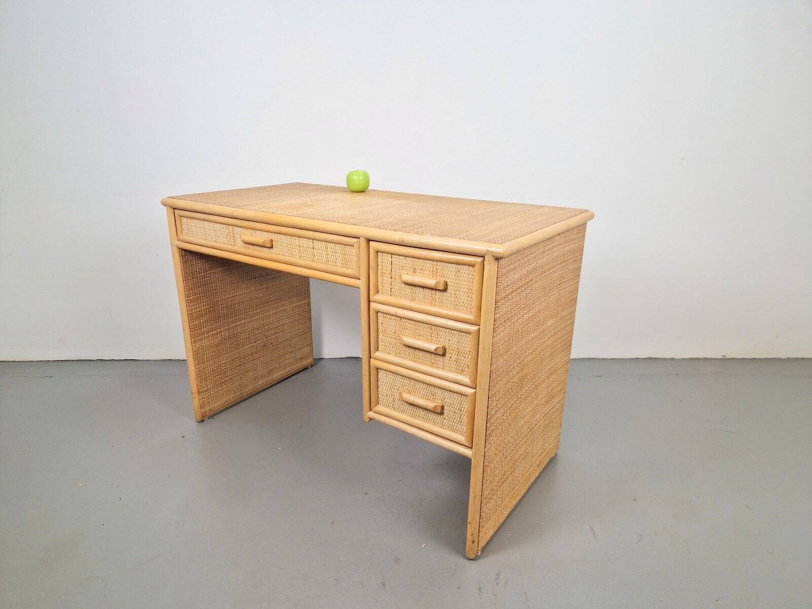 Vintage French Bamboo Rattan Desk with Drawers, 1970s