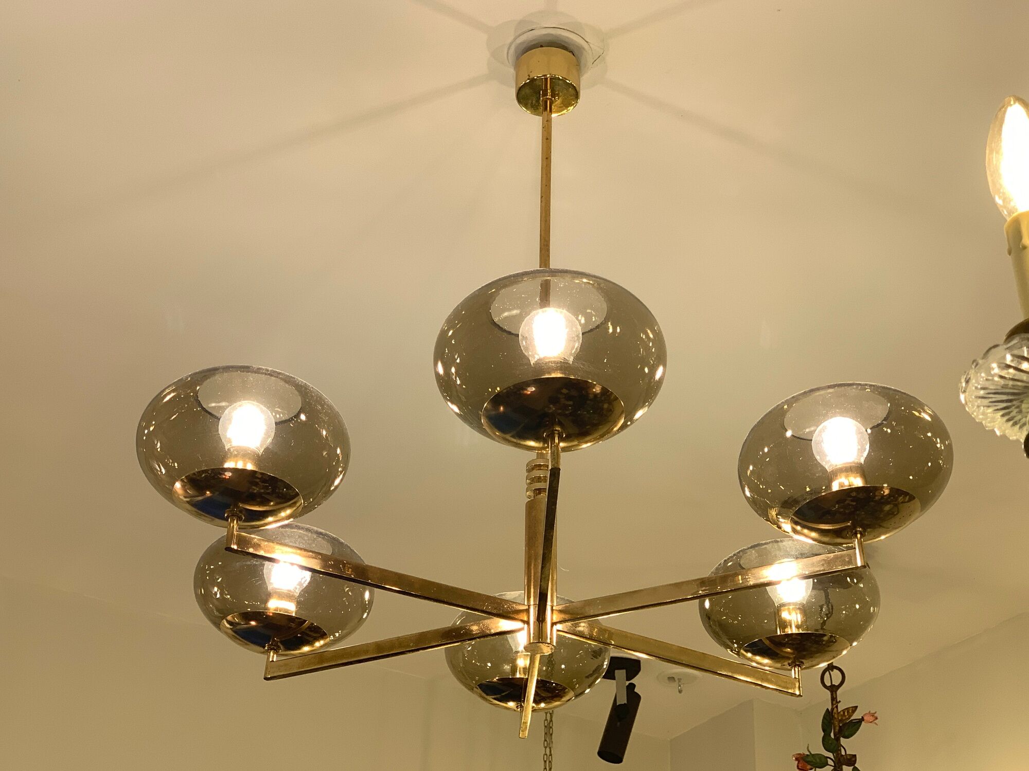 Italian Sciolari chandelier in brass, 6 burners with smoked glass, 1970
