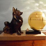 Table lamp, art deco, marble, opaline, bronze patinated metal decoration, switch