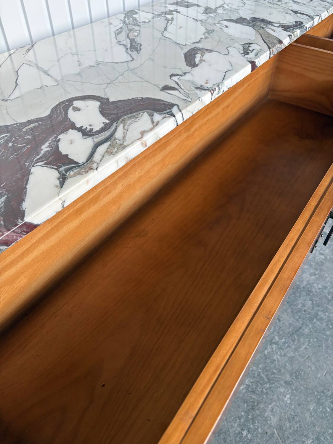 Large console in Calacatta Viola marble & solid cherry wood.