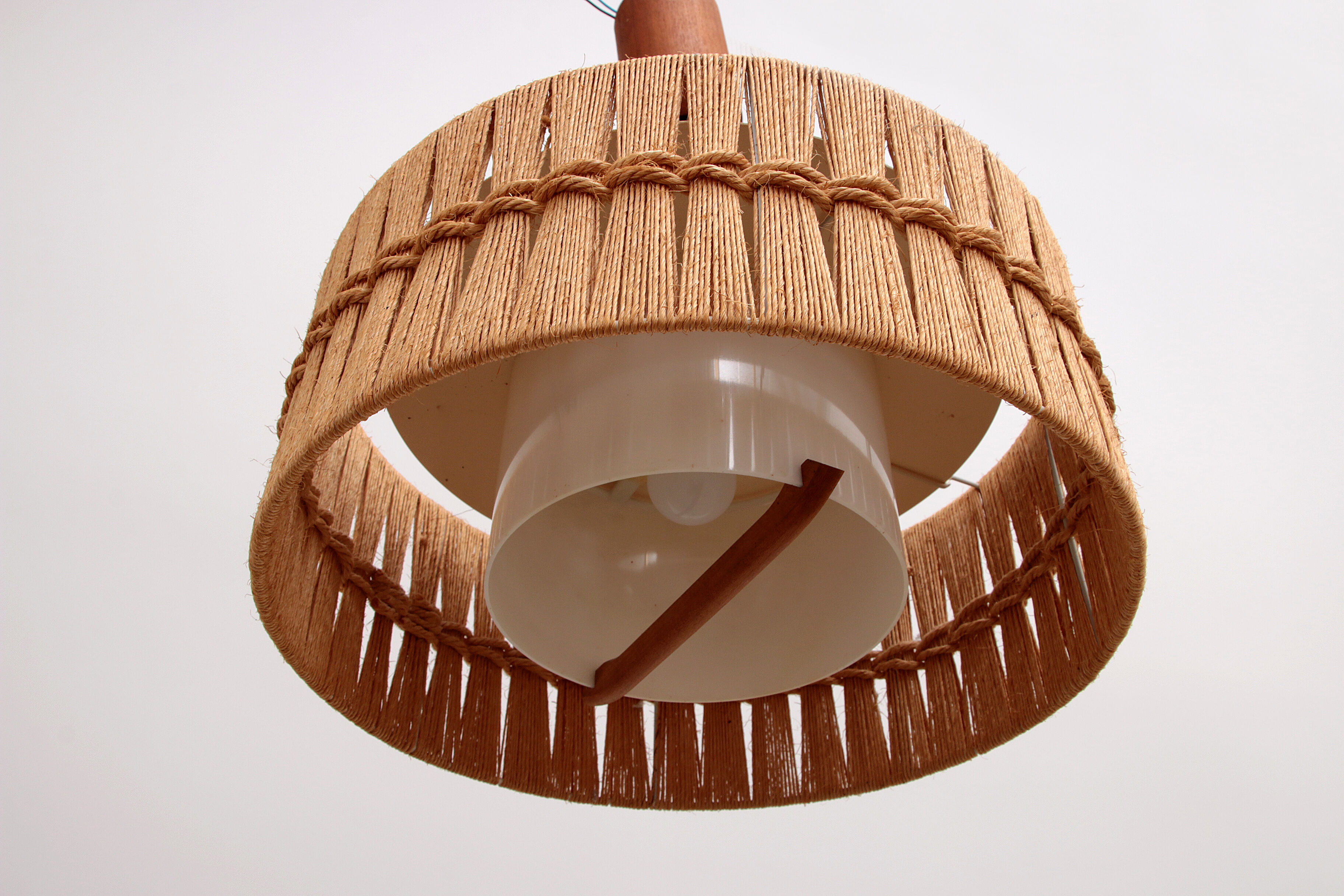 Vintage Temde Hanging Lamp with Teak and Raffia 1960s Germany.