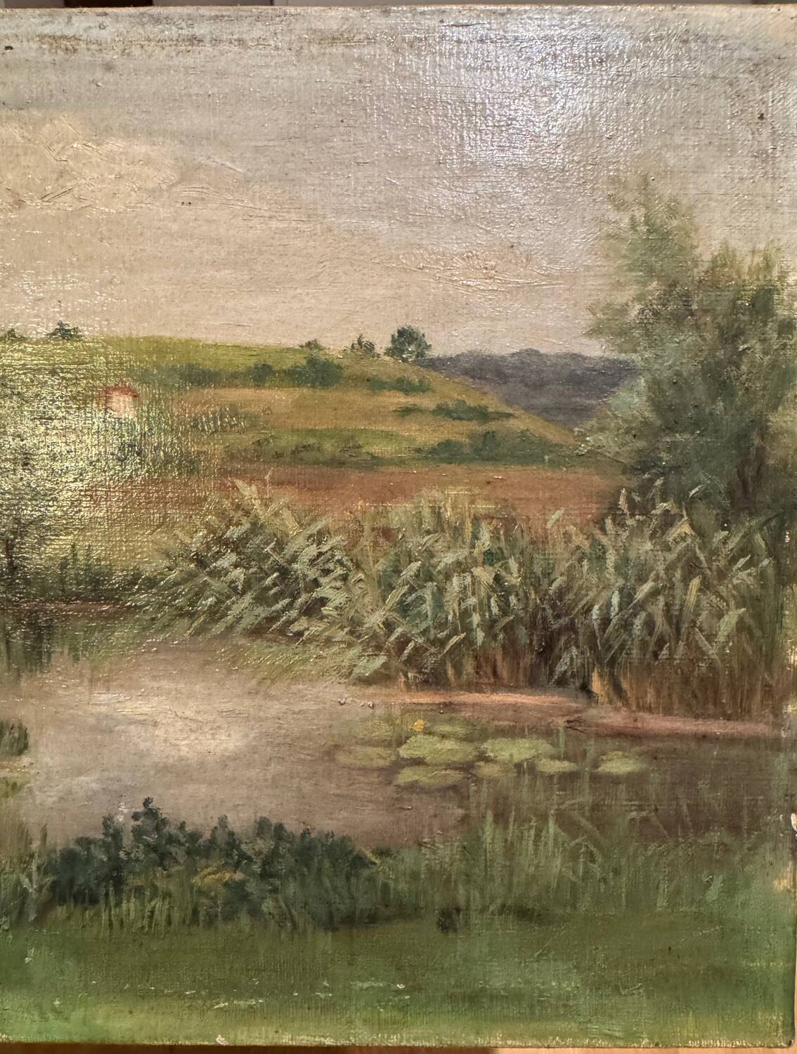 Antique painting, landscape with pond, signed and dated 1895