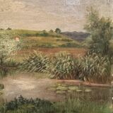 Antique painting, landscape with pond, signed and dated 1895