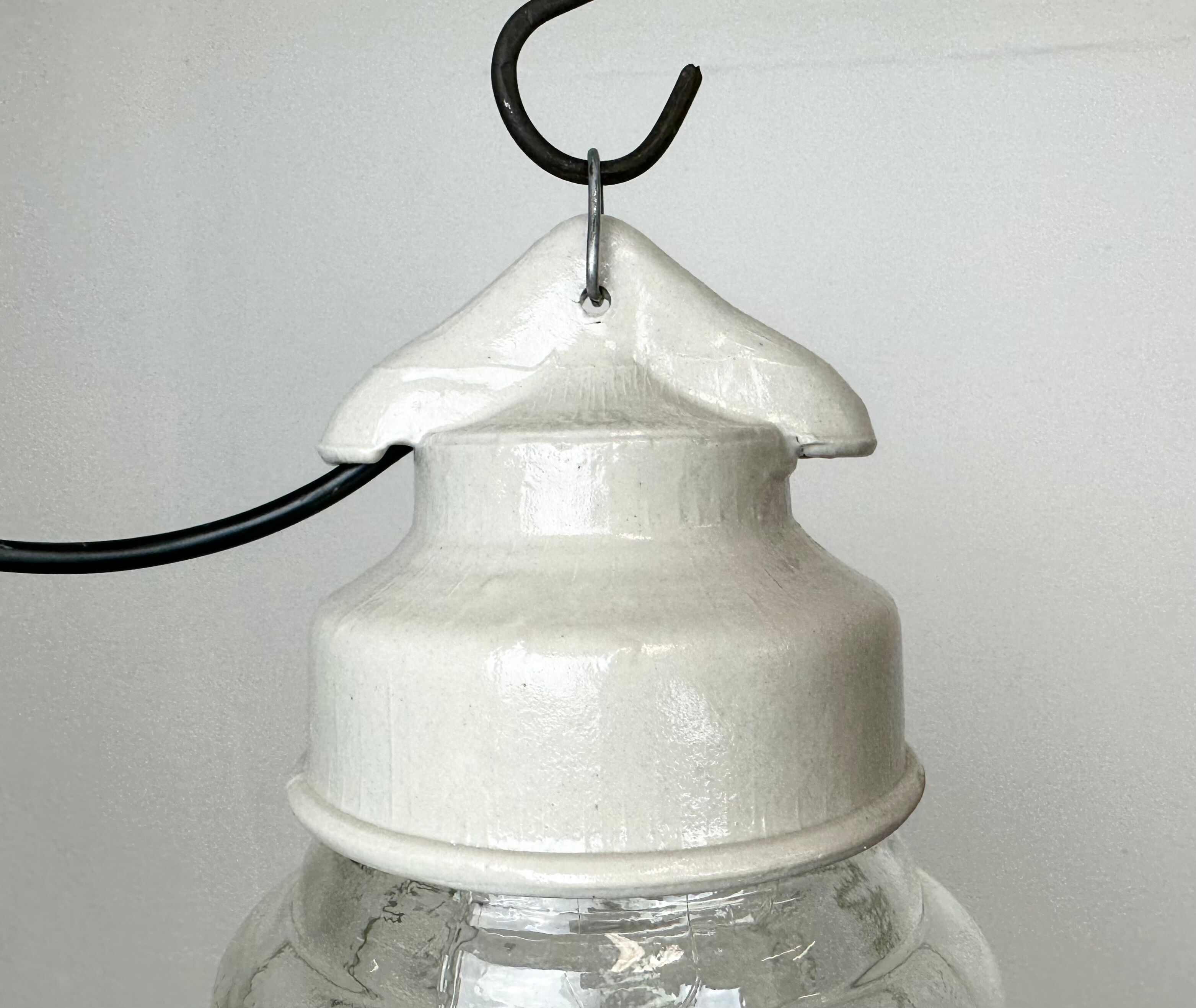 Industrial white porcelain pendant light with ribbed glass, 1970s
