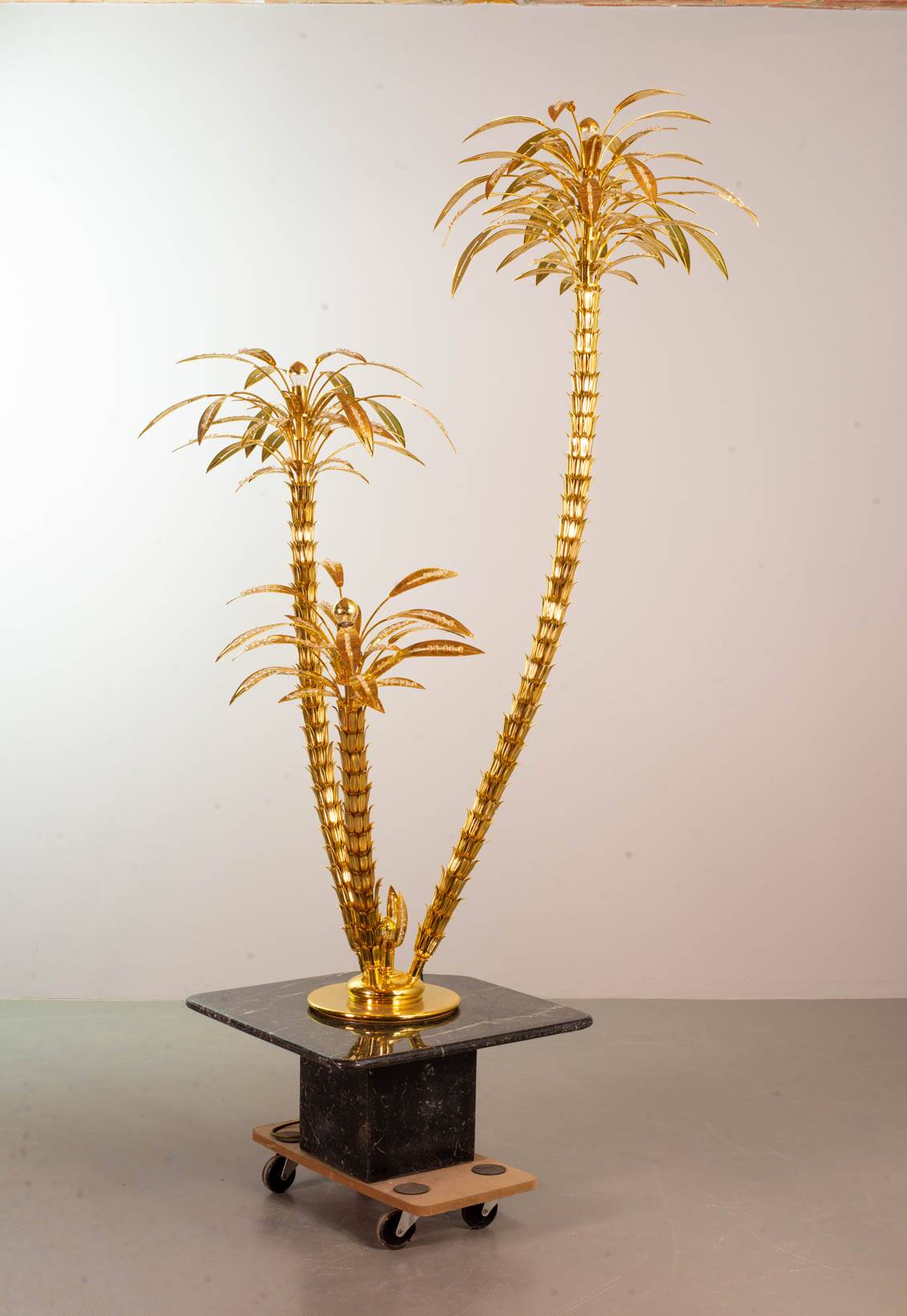 Exquisite Italian Golden Palm Tree Floor Lamp with 3 Sparkling Branches 70s
