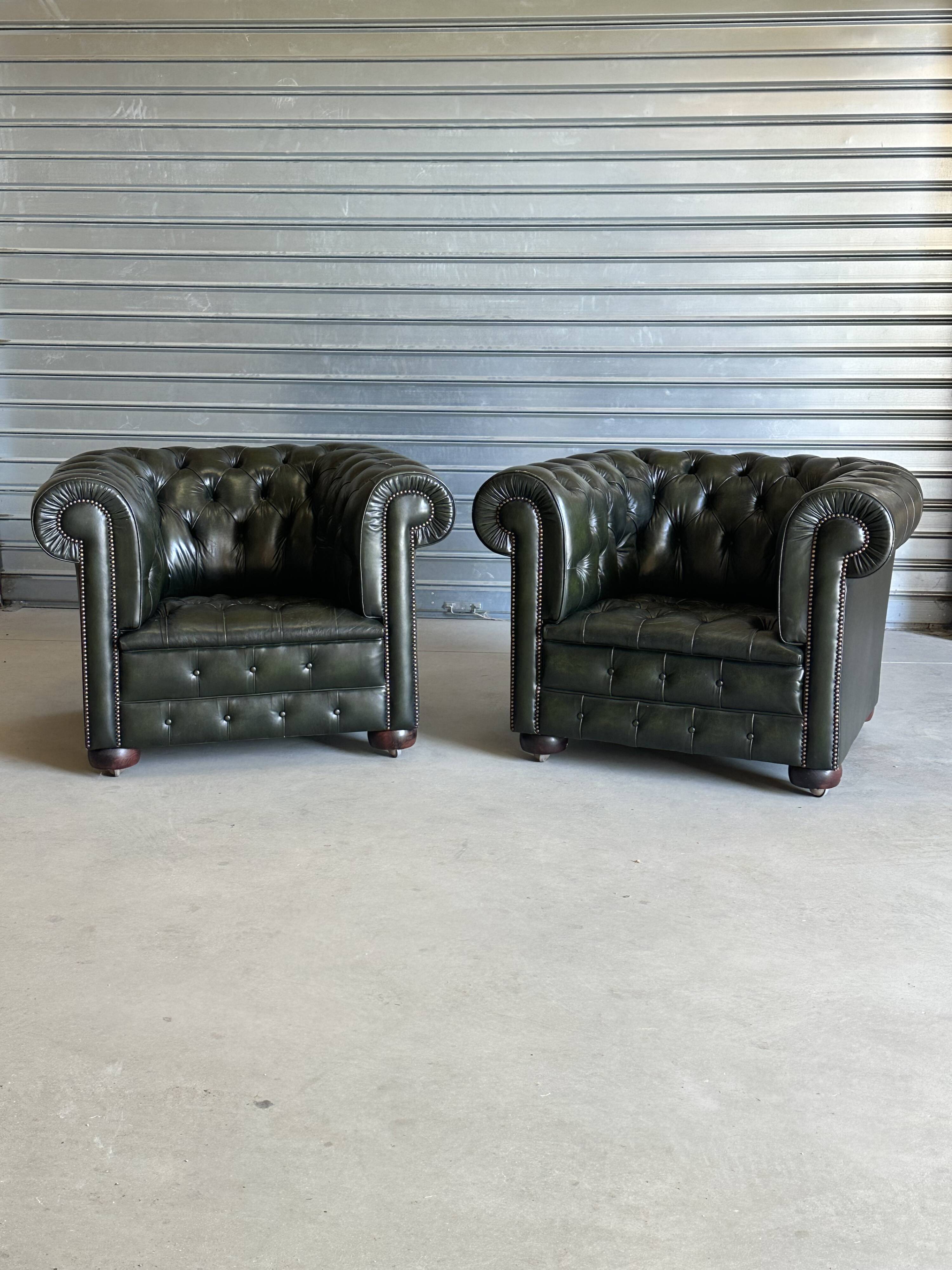 Title: Pair of vintage olive green leather Chesterfield armchairs