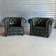 Title: Pair of vintage olive green leather Chesterfield armchairs