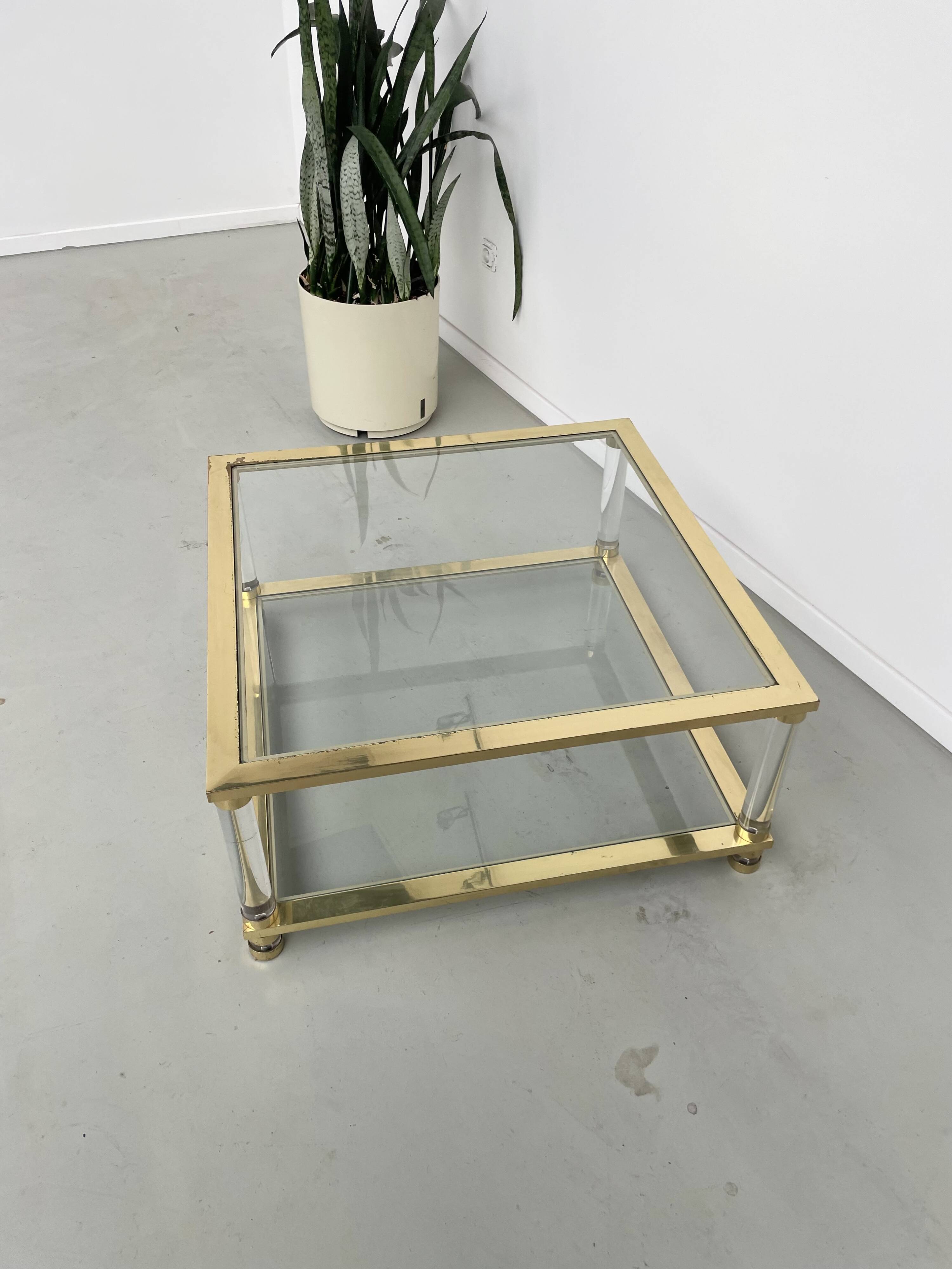 1970s lucite, brass and glass coffee table