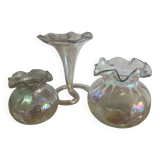 Series of 3 vintage vases in iridescent glass paste
