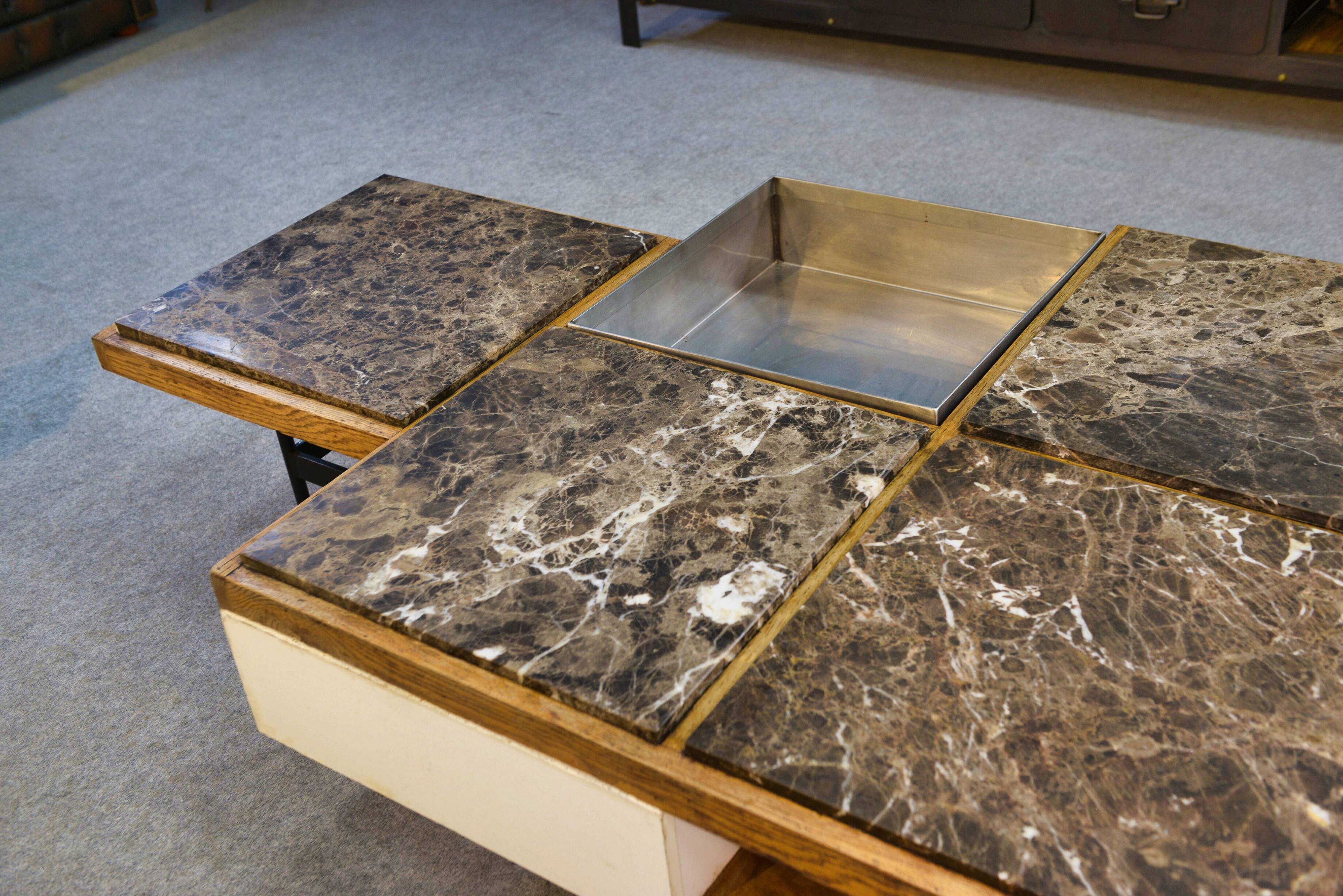 Coffee table with steel base and oak and grey marble frame, 1970s