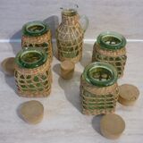 Set of 4 pots and 1 decanter with caps and braiding