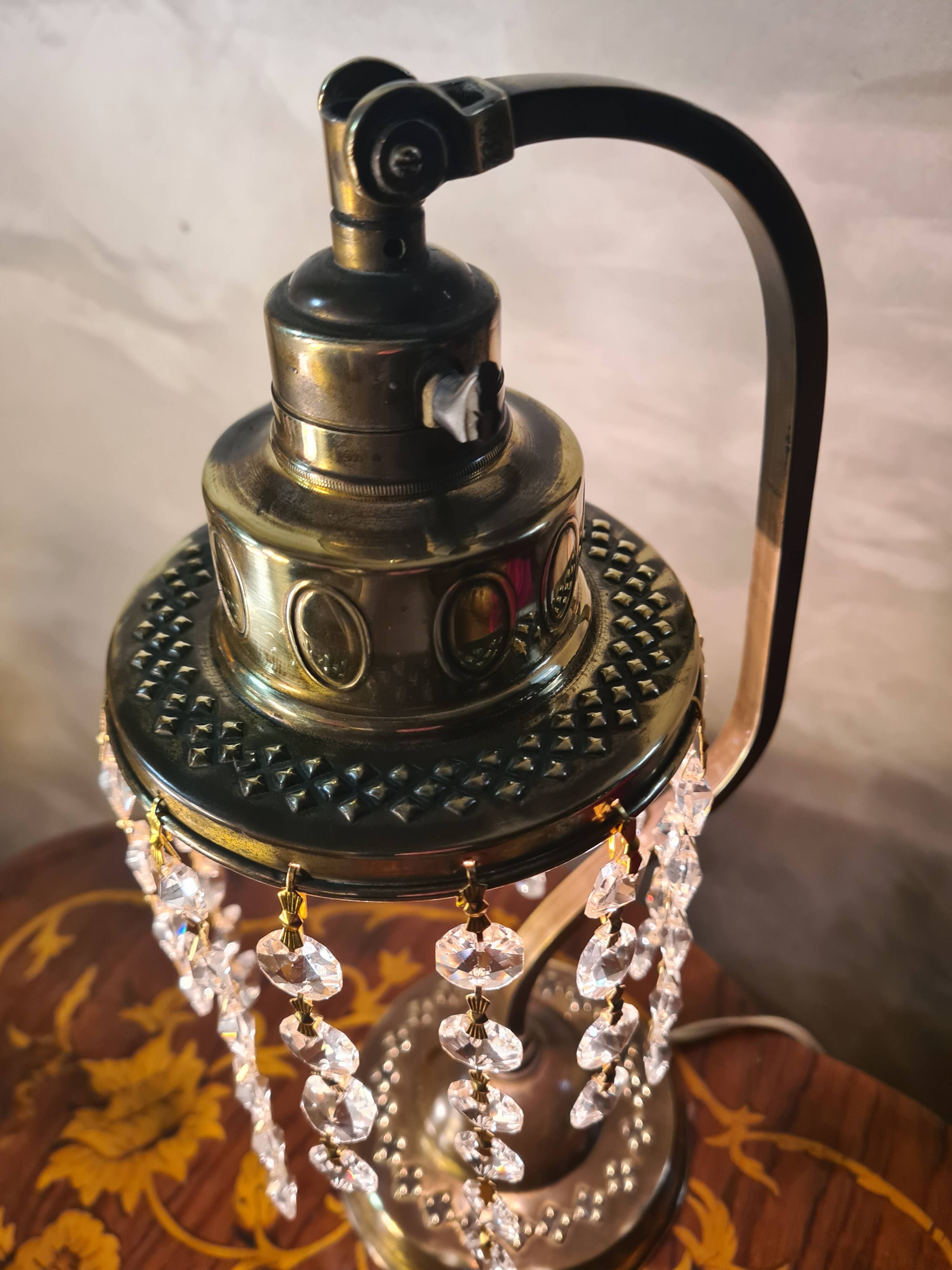 antique brass lamp with crystal pendant 33x14 slight signs of wear