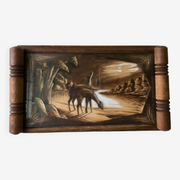 Solid wood tray animals in relief