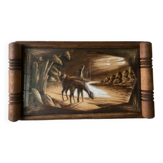 Solid wood tray animals in relief