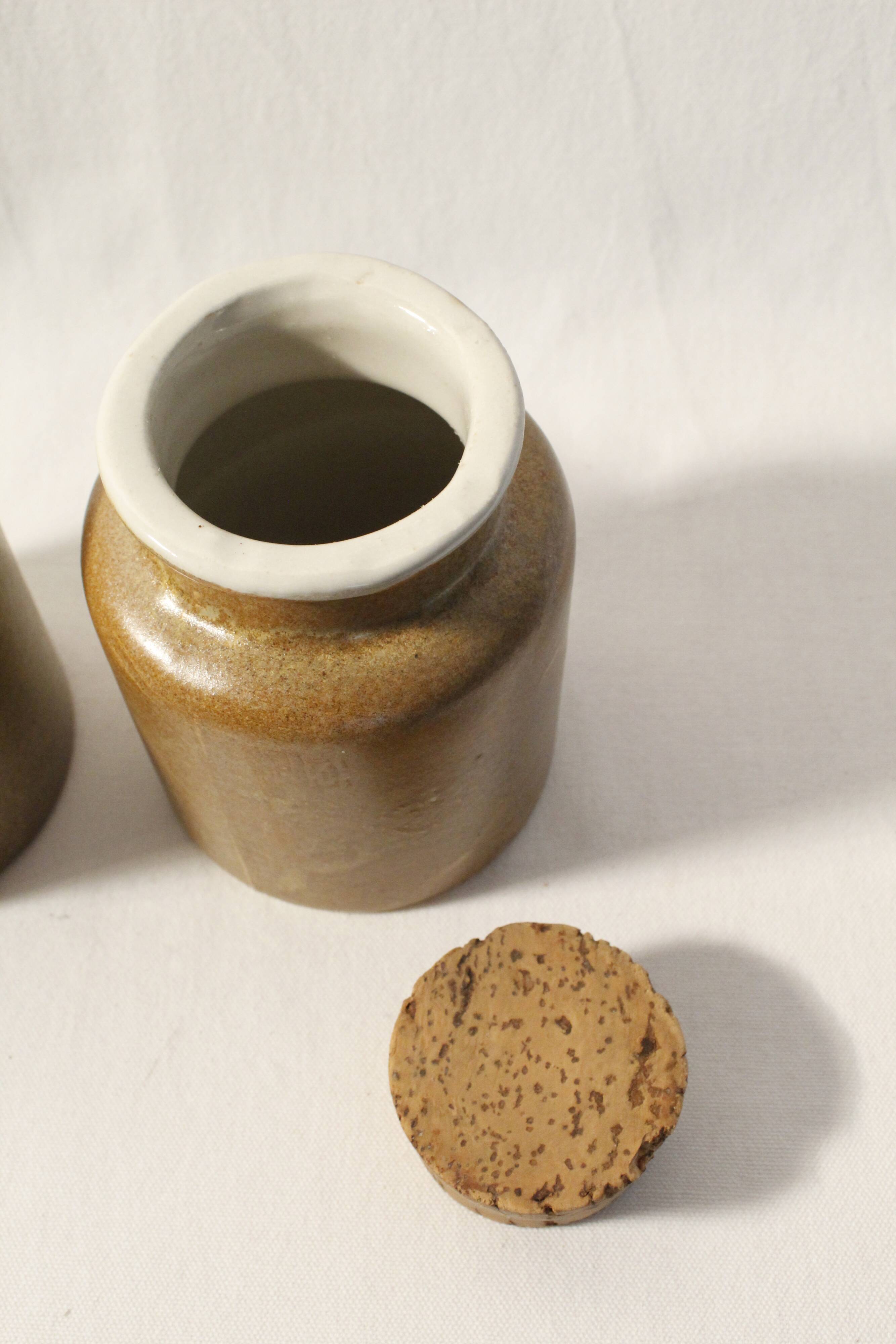 Set of 2 vintage mustard pots in brown glazed stoneware