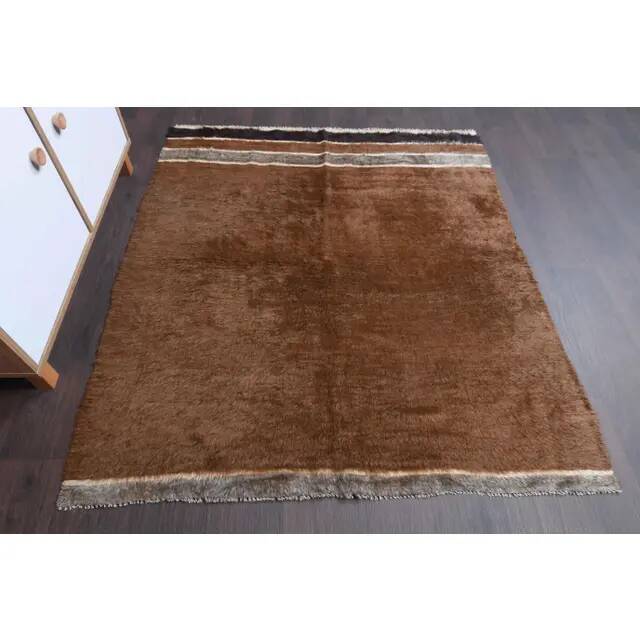 Vintage Turkish hand-knotted wool cotton brown kilim area rug 129x149