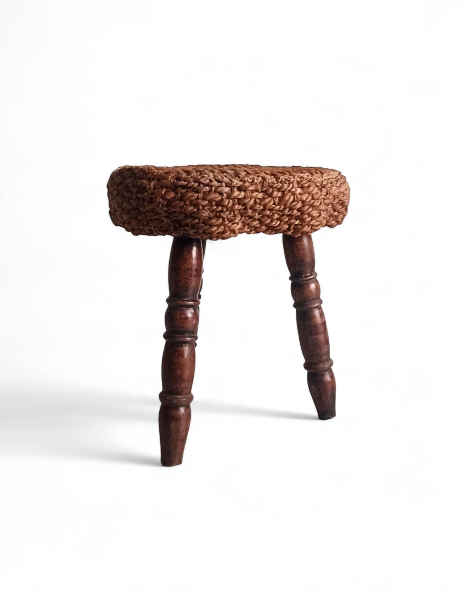 Rustic French Wood & Natural Fiber Stool/ Accent Table, Audoux-Minet Style