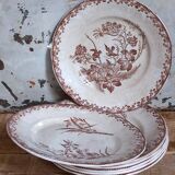 Sept assiettes à dessert terre de fer aux oiseaux f.f.Pexonne fin XIX ème