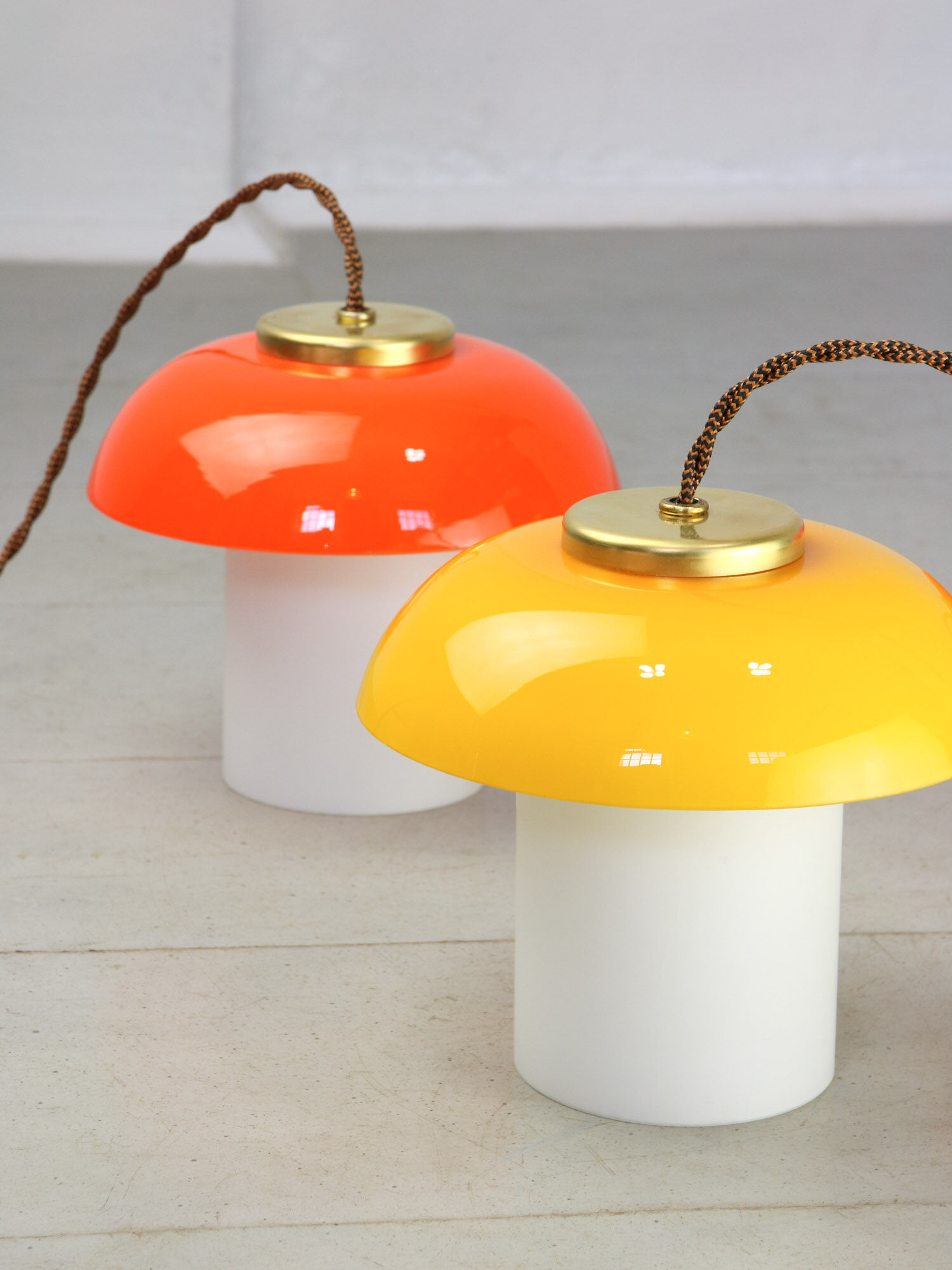 Mid-century Glass & Brass Mushroom Pendant Lamp, set of 2