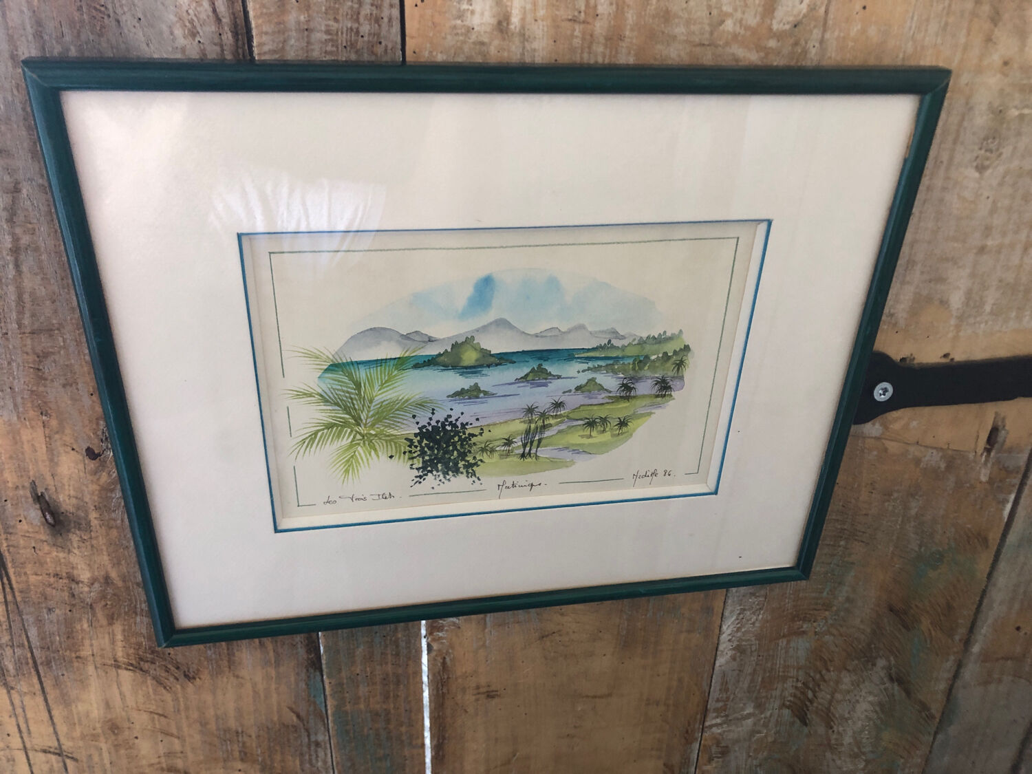 Watercolor painting nadine martinique the three islets + wood frame #a223