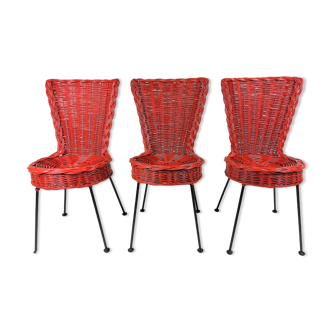 3 chaises en rotin et métal 1950