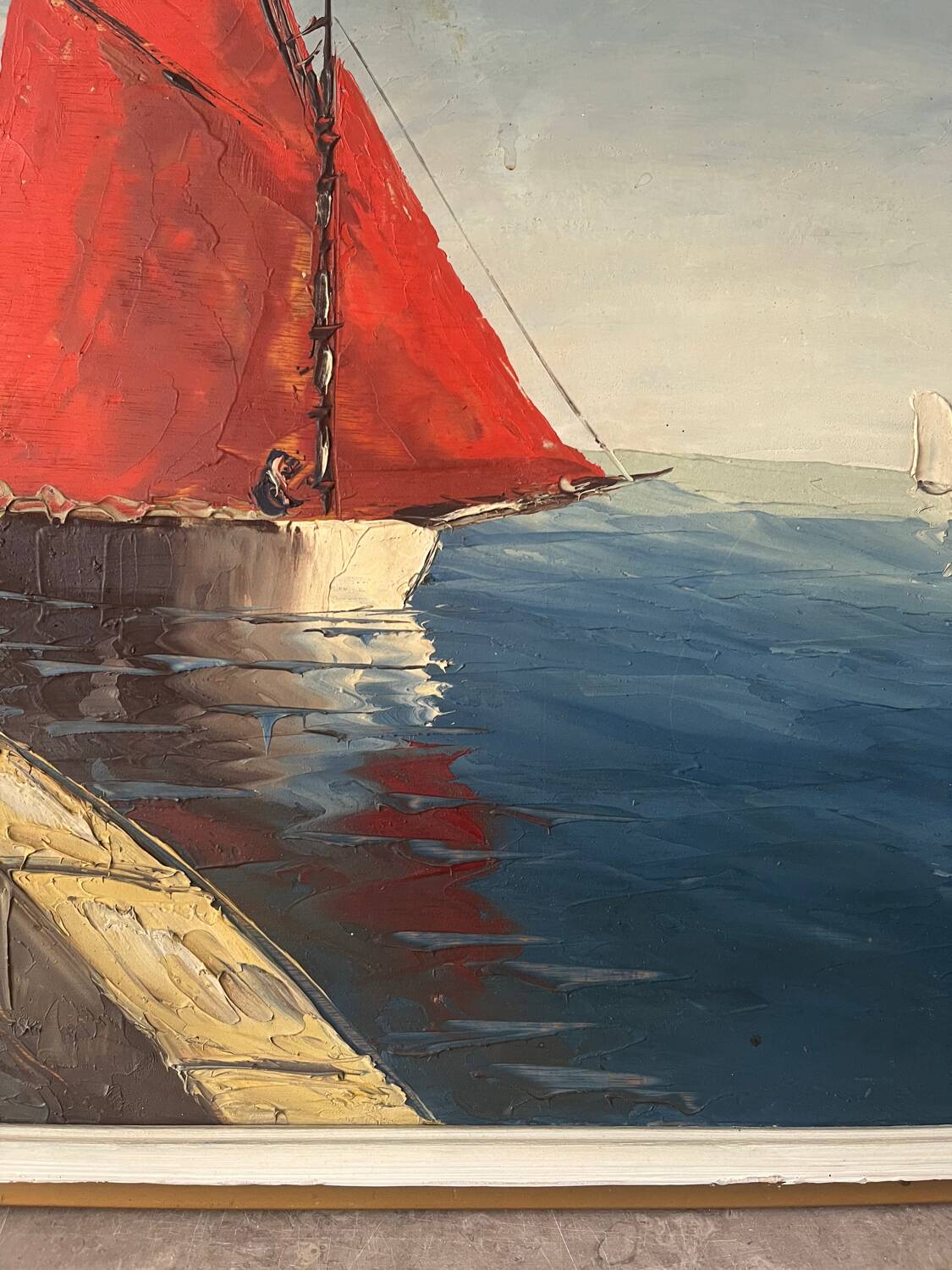 Marine, "Red Sail" technique with knife on panel signed Riccy.