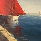 Marine, "Red Sail" technique with knife on panel signed Riccy.
