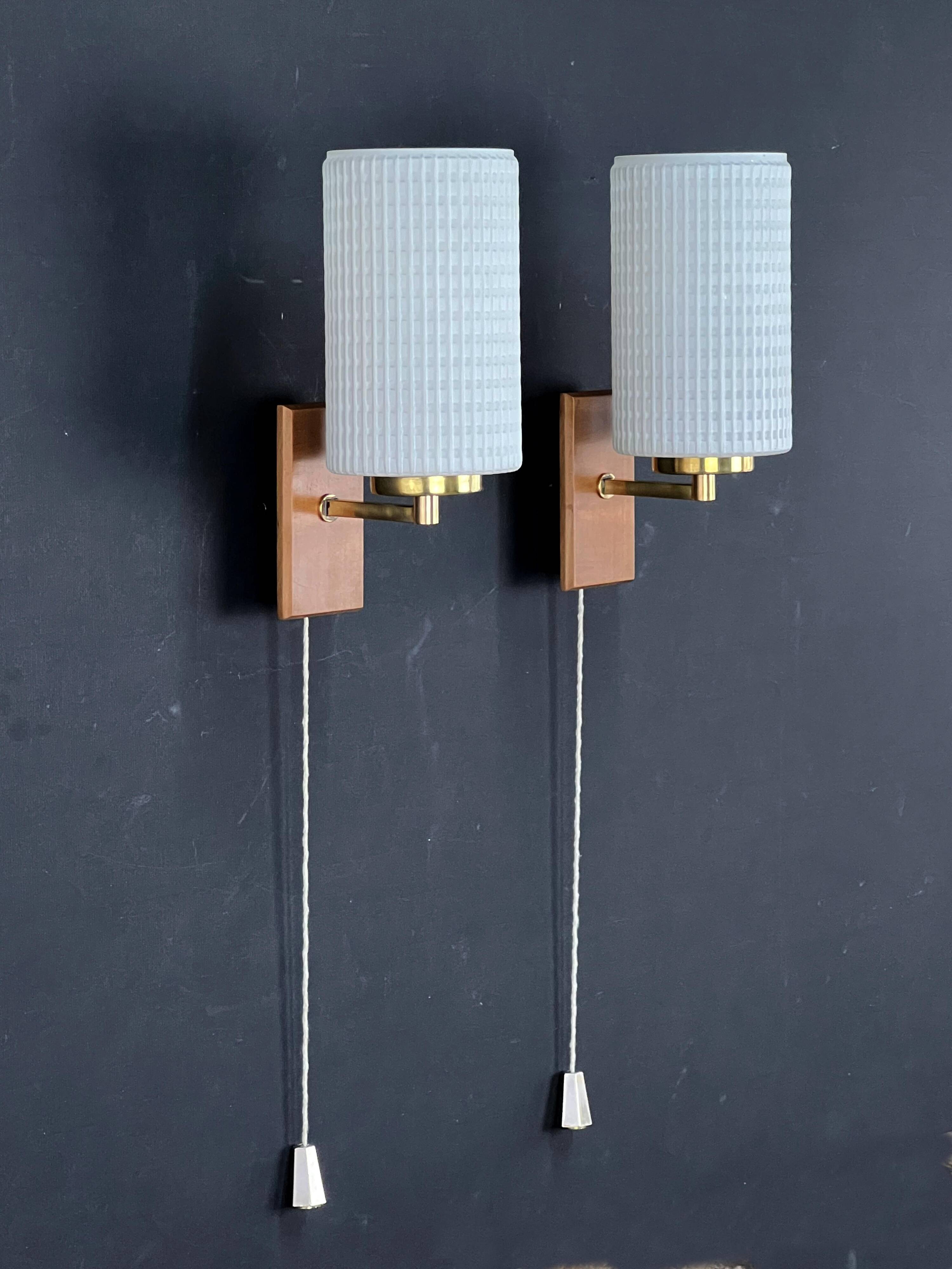 Pair of Scandinavian Wall Lights - Opaline Brass Wood - 50's 60's