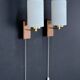 Pair of Scandinavian Wall Lights - Opaline Brass Wood - 50's 60's
