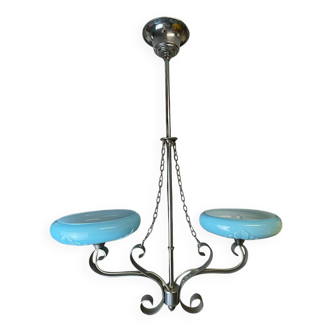 Art Deco chandelier with blue opaline glass