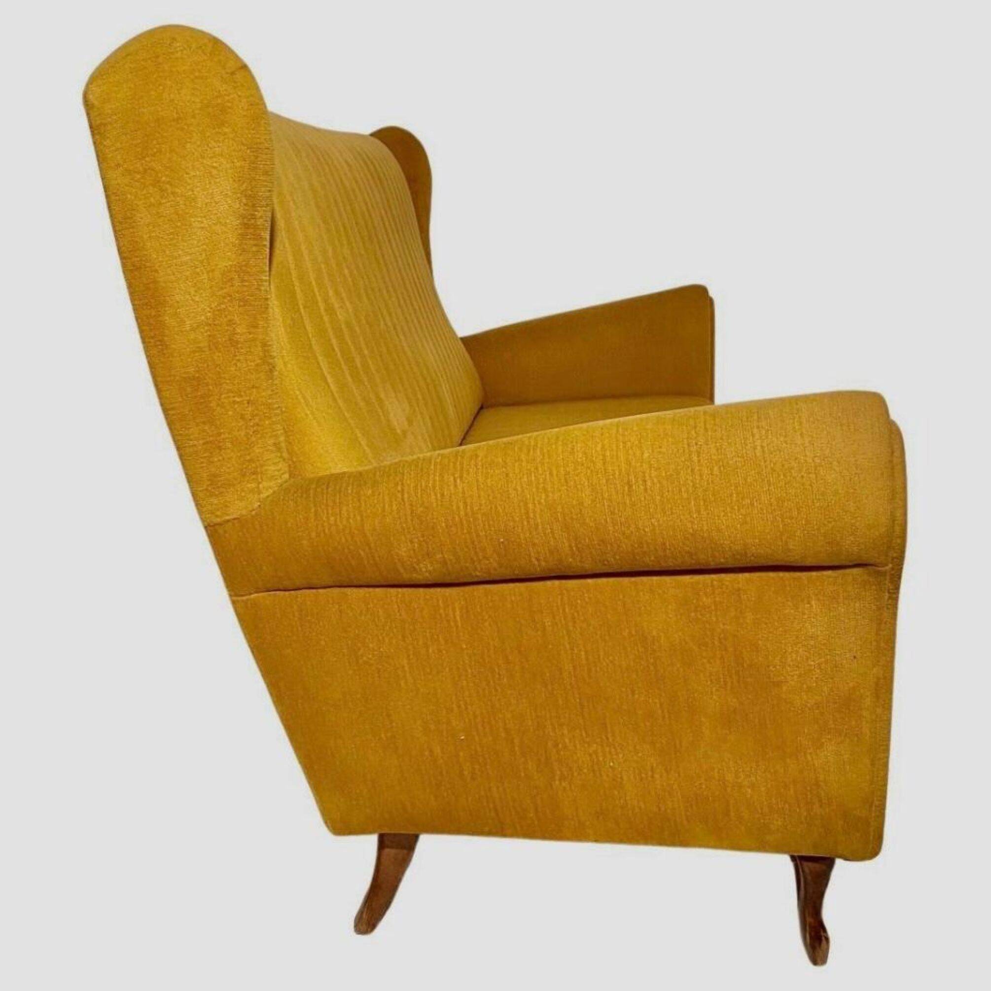 Mid-Century Three Seats Velvet Yellow Sofa, in the style of Gio Ponti