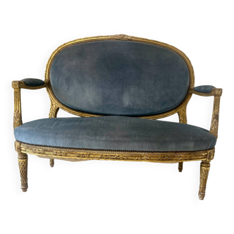 Louis XVI style carved and molded gilded wooden bench, 19th century period