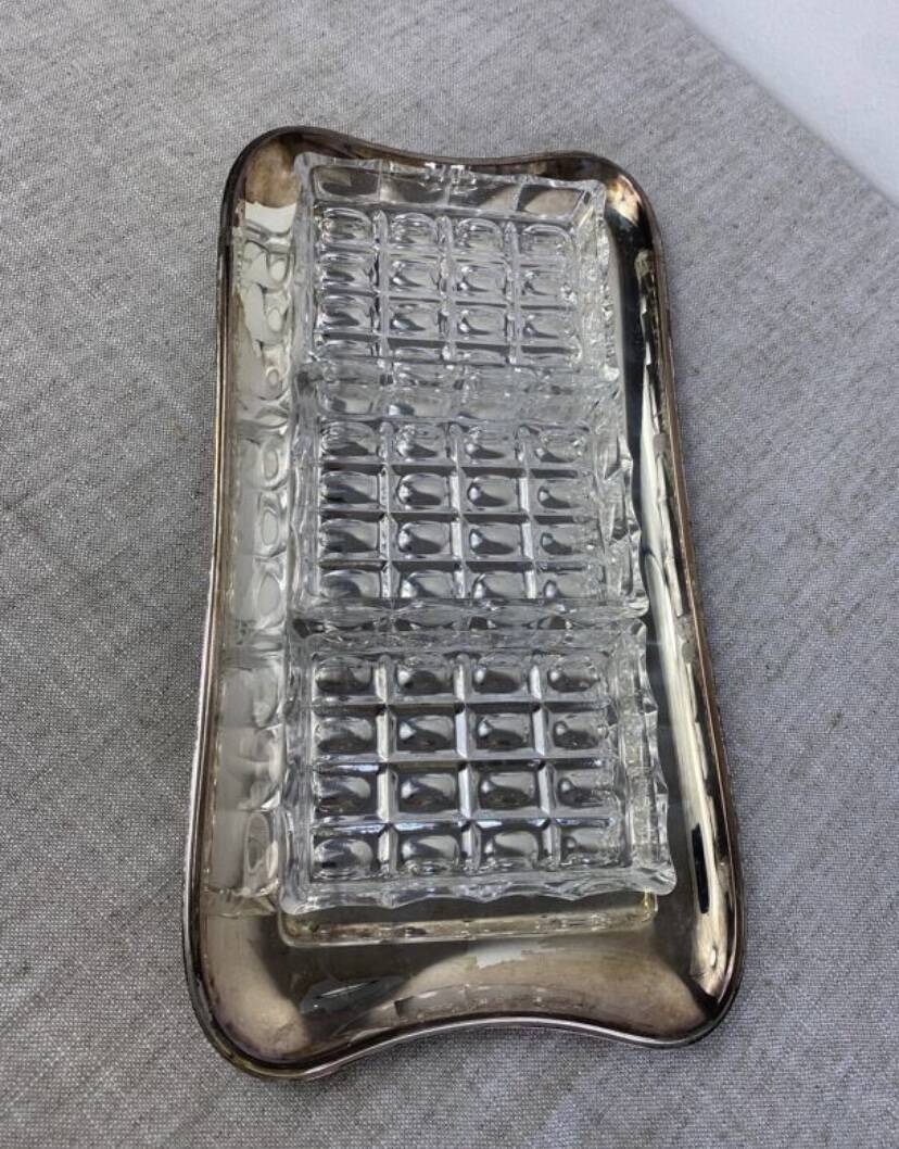 Silver-plated metal and glass hors d'oeuvre tray