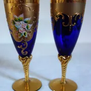 12 cobalt blue and gold Murano glass flutes, mid-20th century.