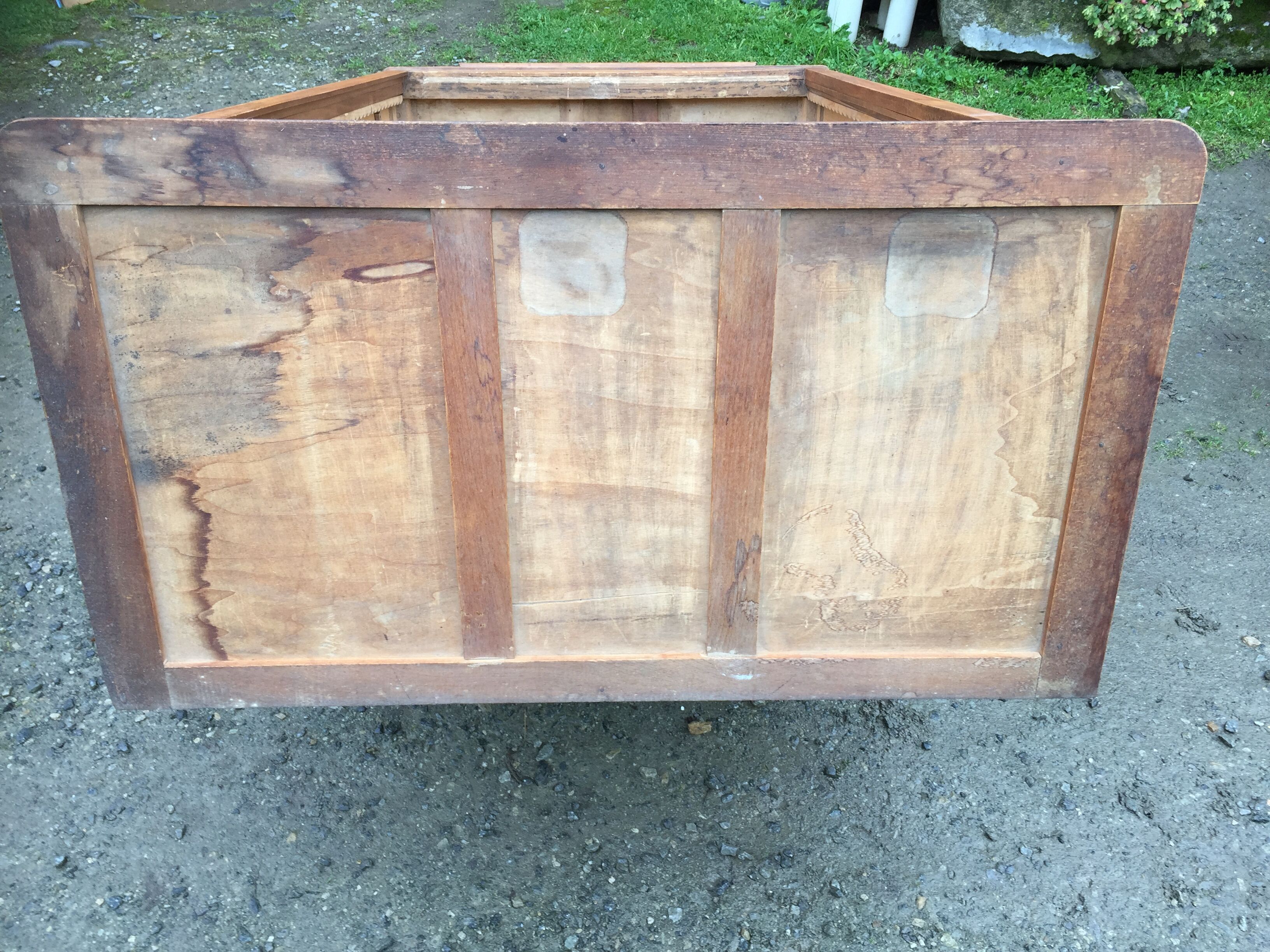 Vintage oak compass foot cabinet with 2 sliding doors painted red and blue