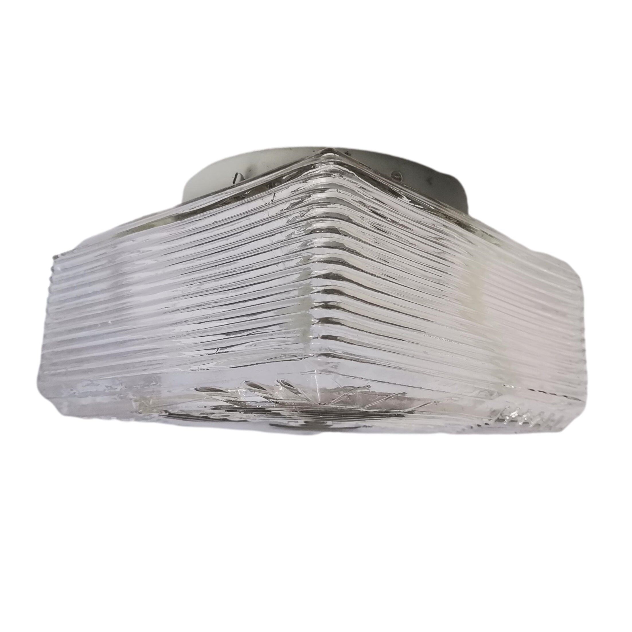 Square mid century clear ribbed glass flush mount light fixture lamp 1960s