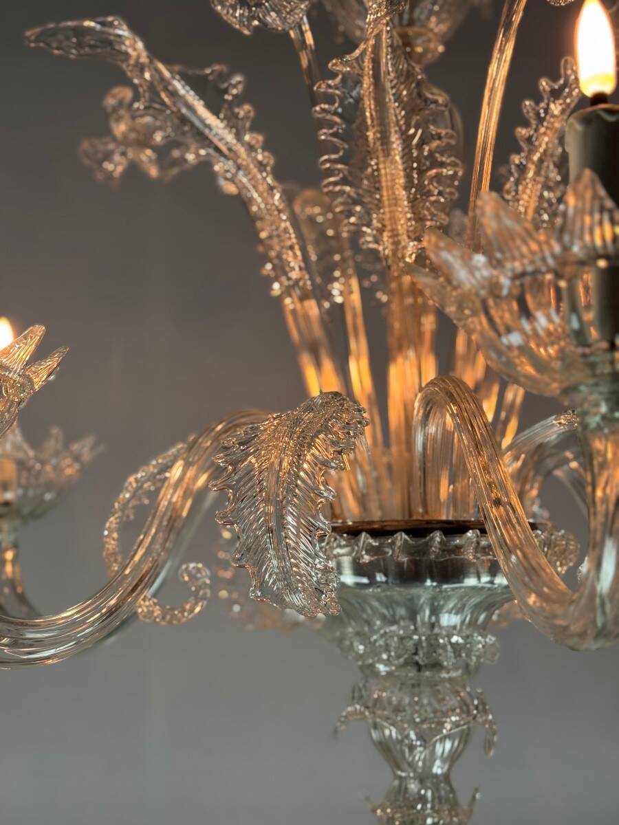 Venetian Chandelier in Colorless Murano Glass with 6 Lights, Circa 1930