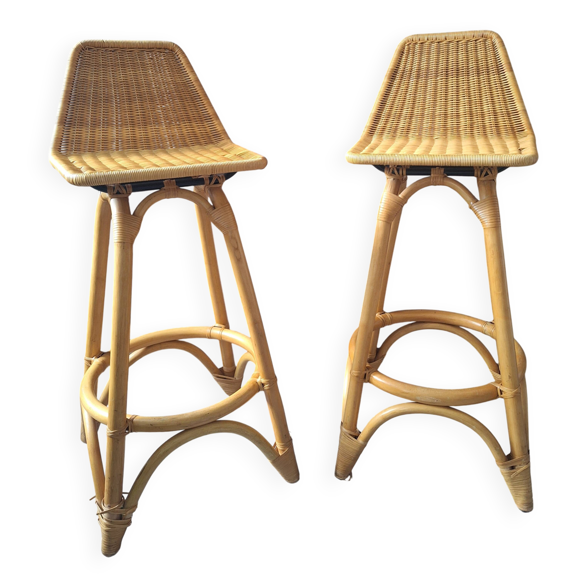 Pair of vintage stools in rattan & bamboo — 1950s
