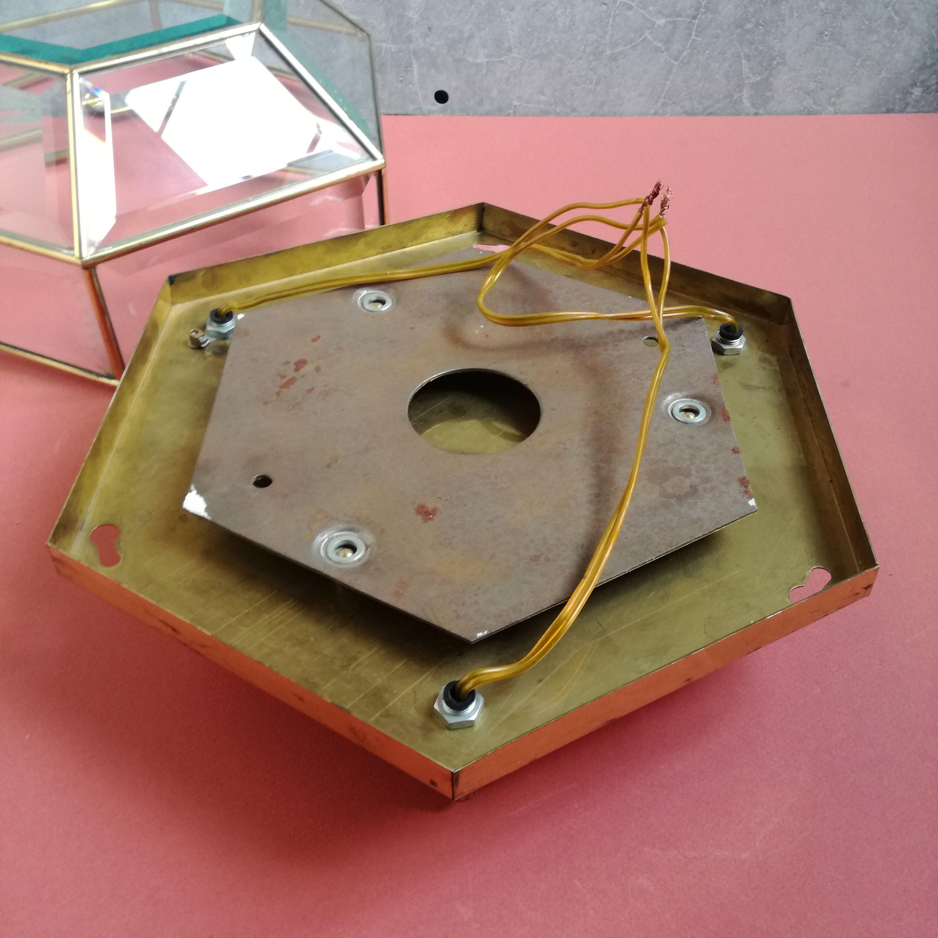 Hexagonal brass and bevelled glass ceiling light