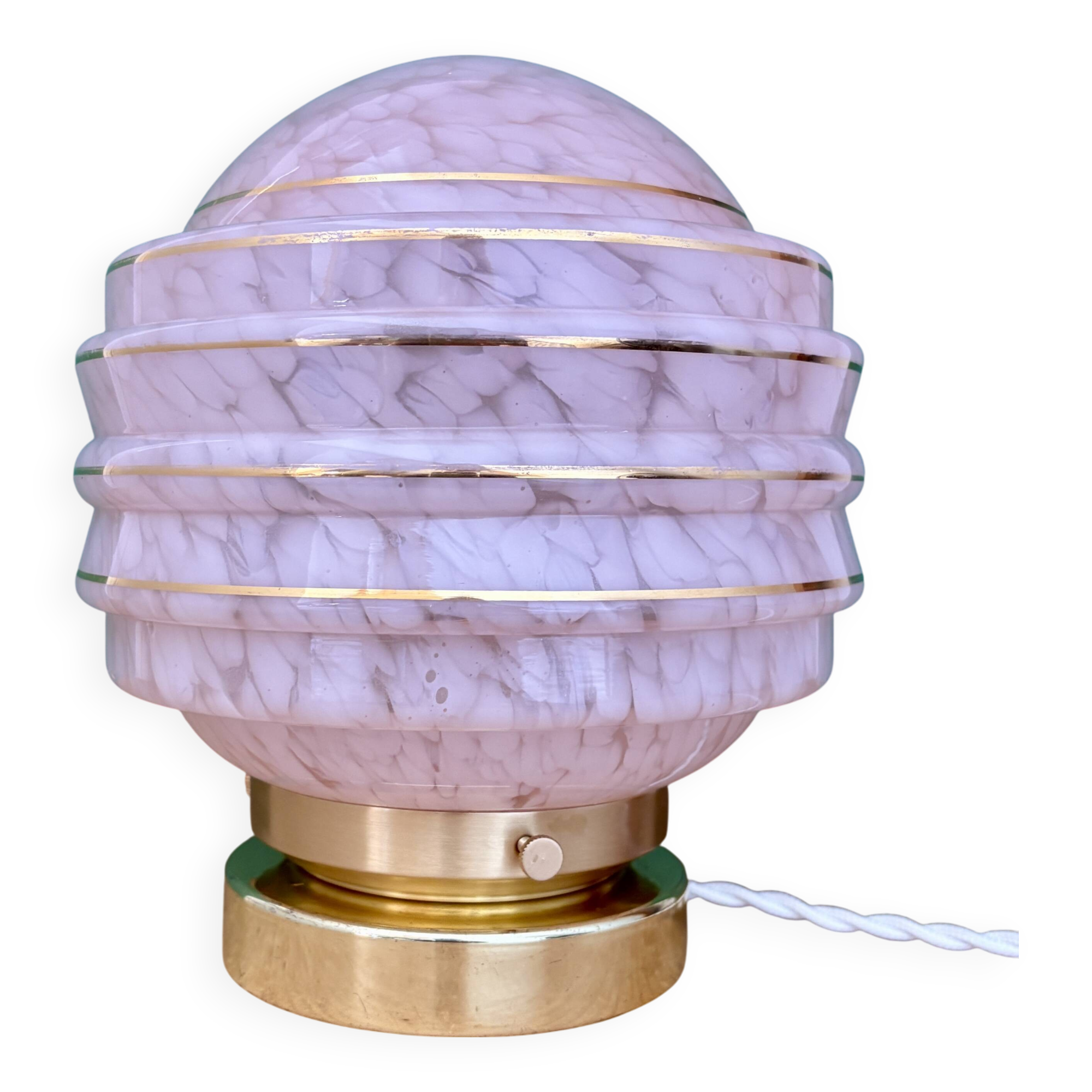 Vintage art deco globe table lamp in pink and gold Clichy glass
