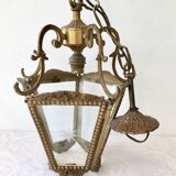 Hanging brass lantern and engraved glass