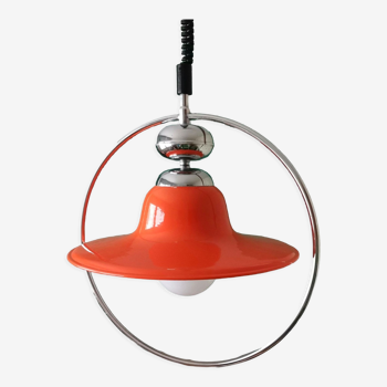 Mid century modern glossy orange pull down hanging lamp 1960s