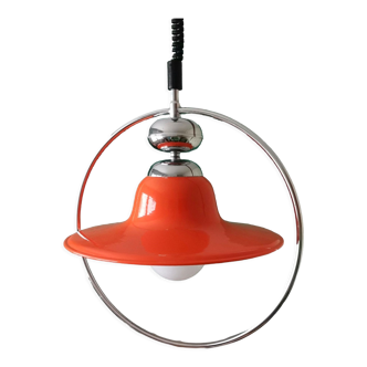 Mid century modern glossy orange pull down hanging lamp 1960s